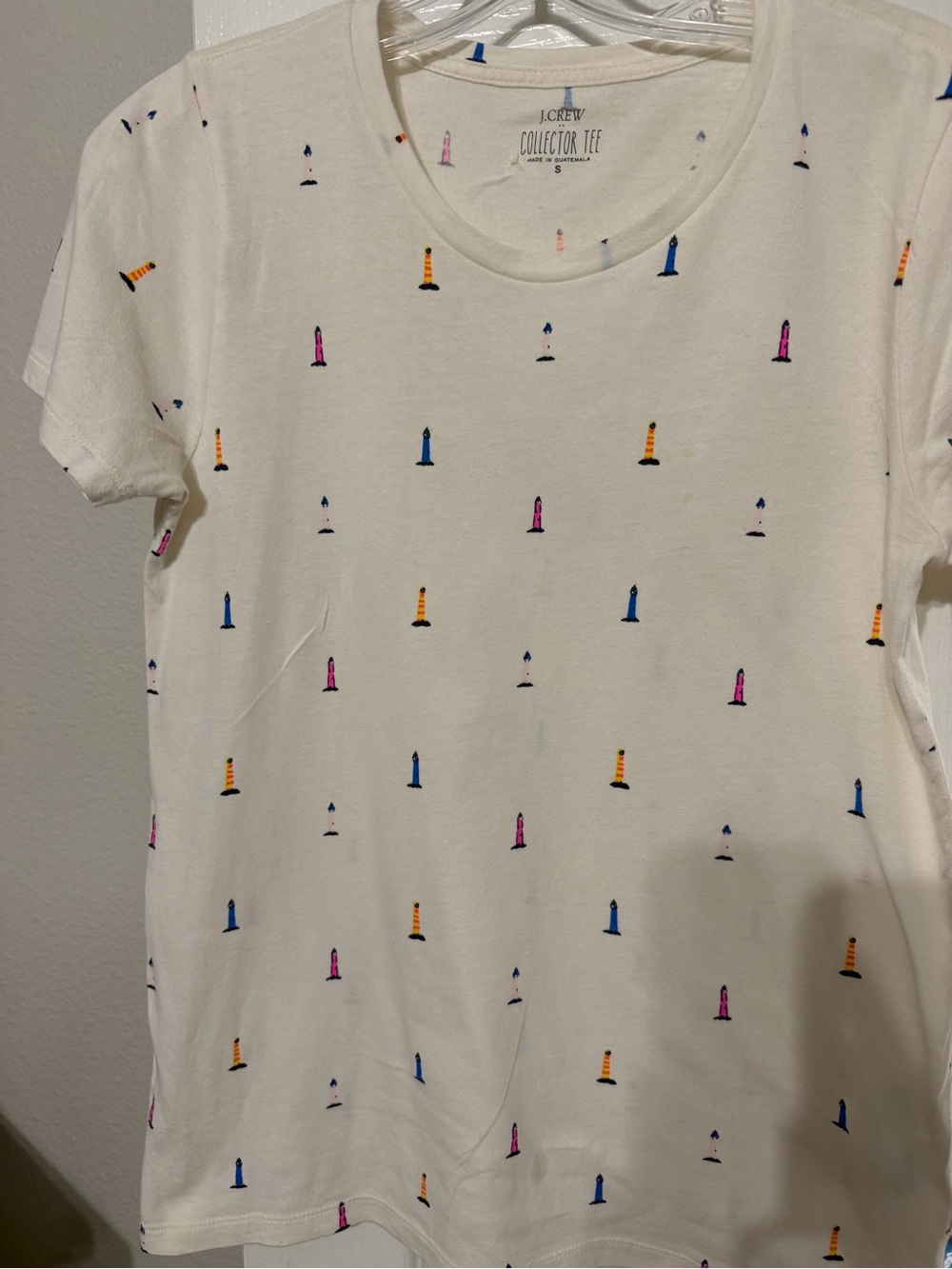 J.Crew Short Sleeve Collector Tee - White with Colorful Lighthouses size small